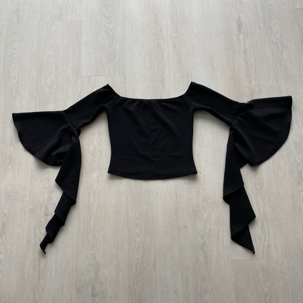 Valentine Black Crop Top Ruffle Long Sleeve